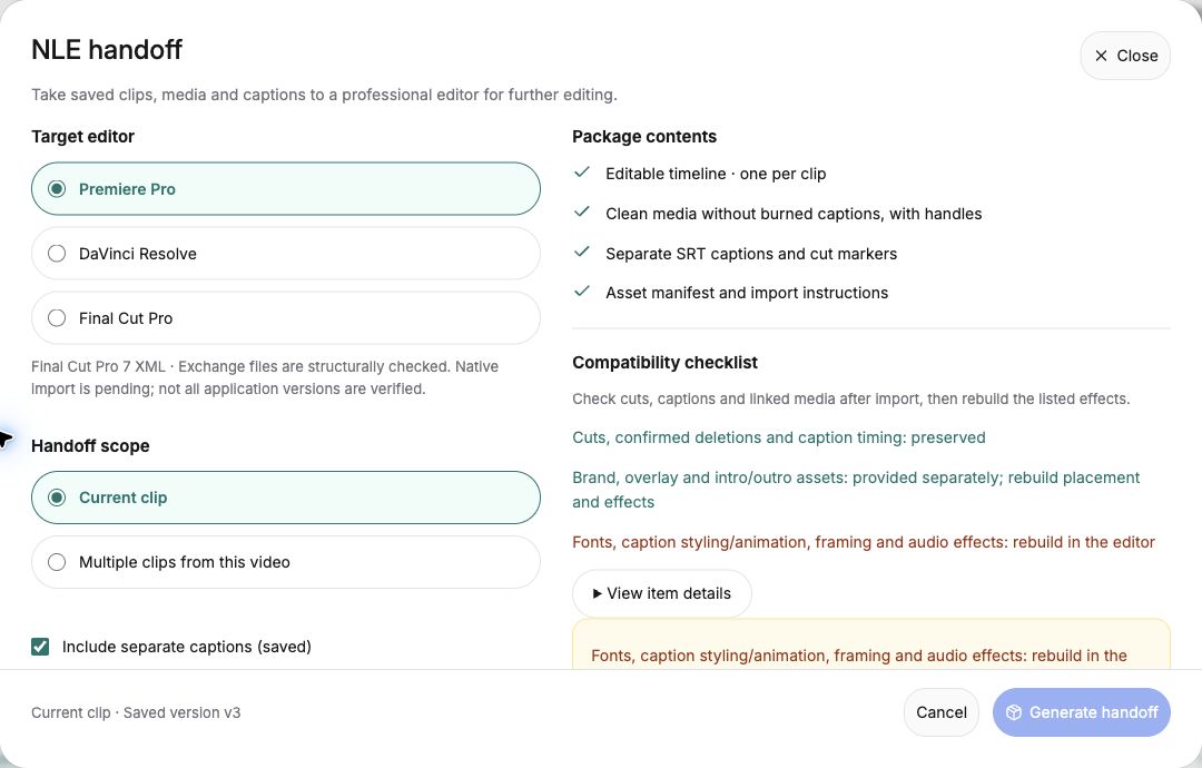 English NLE handoff configuration showing target editors, current-clip scope, saved captions and compatibility information.