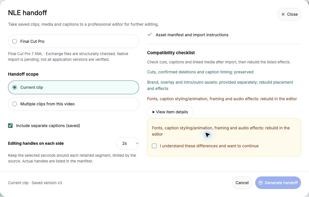English NLE compatibility checklist describing preserved timing and effects that need rebuilding in an editor.