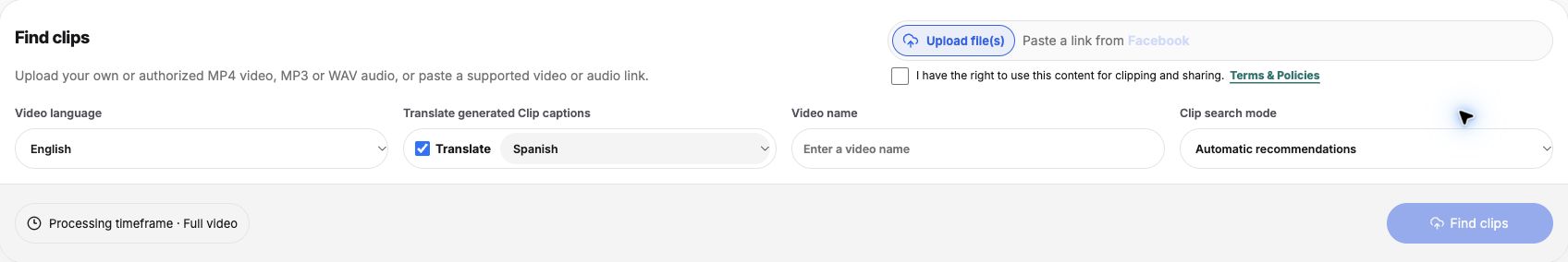 English upload form with separate source language and output language controls.