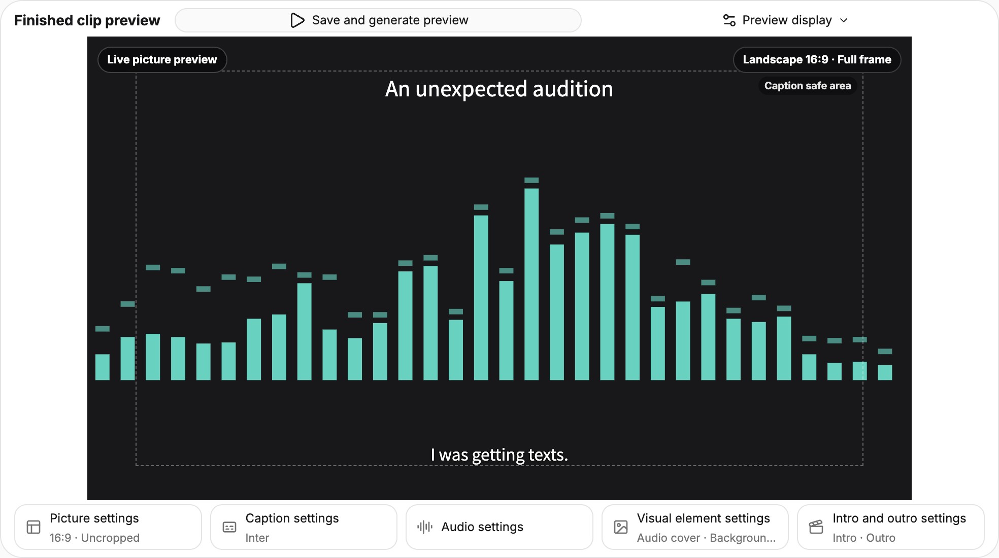 English live audiogram preview with a title, sound visualization and caption in a landscape canvas.