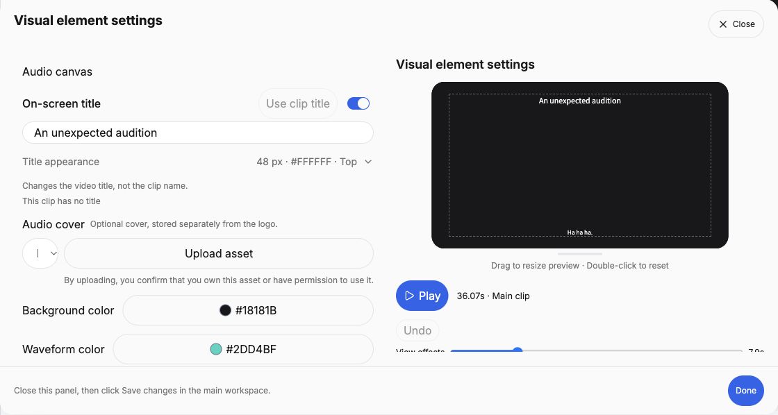 English audio canvas settings with an on-screen title, optional audio cover, background and waveform color.