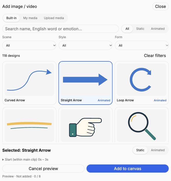 English built-in media picker showing design choices and preview controls.