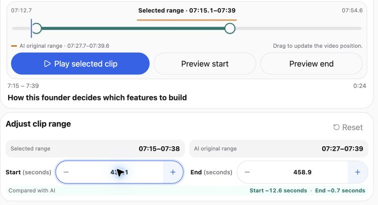 Range editor showing the revised selection near 07:15–07:39 and the AI original range near 07:27.7–07:39.6.