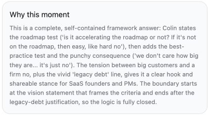 AI-generated Why this moment explanation claiming that the clip includes both decision criteria and ends after the legacy-debt justification.
